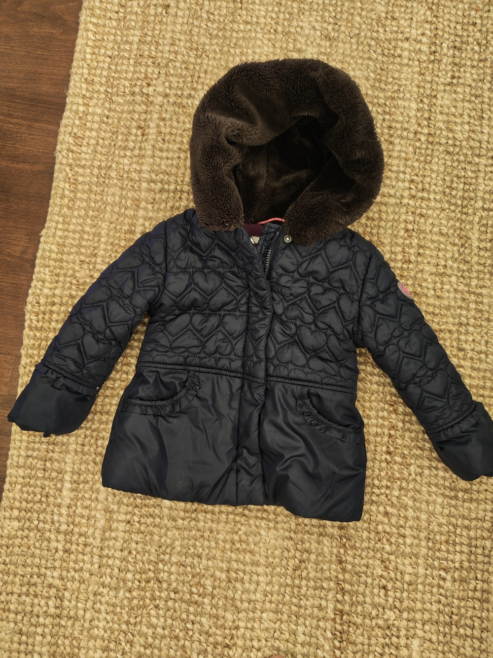 Esprit Girls' Navy Quilted Puffer Coat with Faux Fur Hood